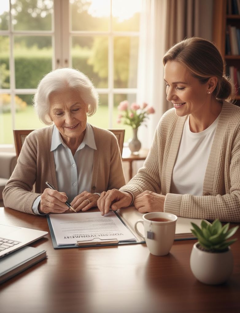 Eine ältere Dame und eine jüngere Frau bearbeiten eine Vorsorgevollmacht. KI-generiertes Bildmaterial.